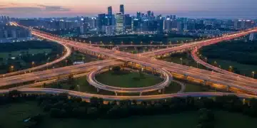 Modern highway interchange lit at dusk, symbolizing advanced US infrastructure and connectivity.