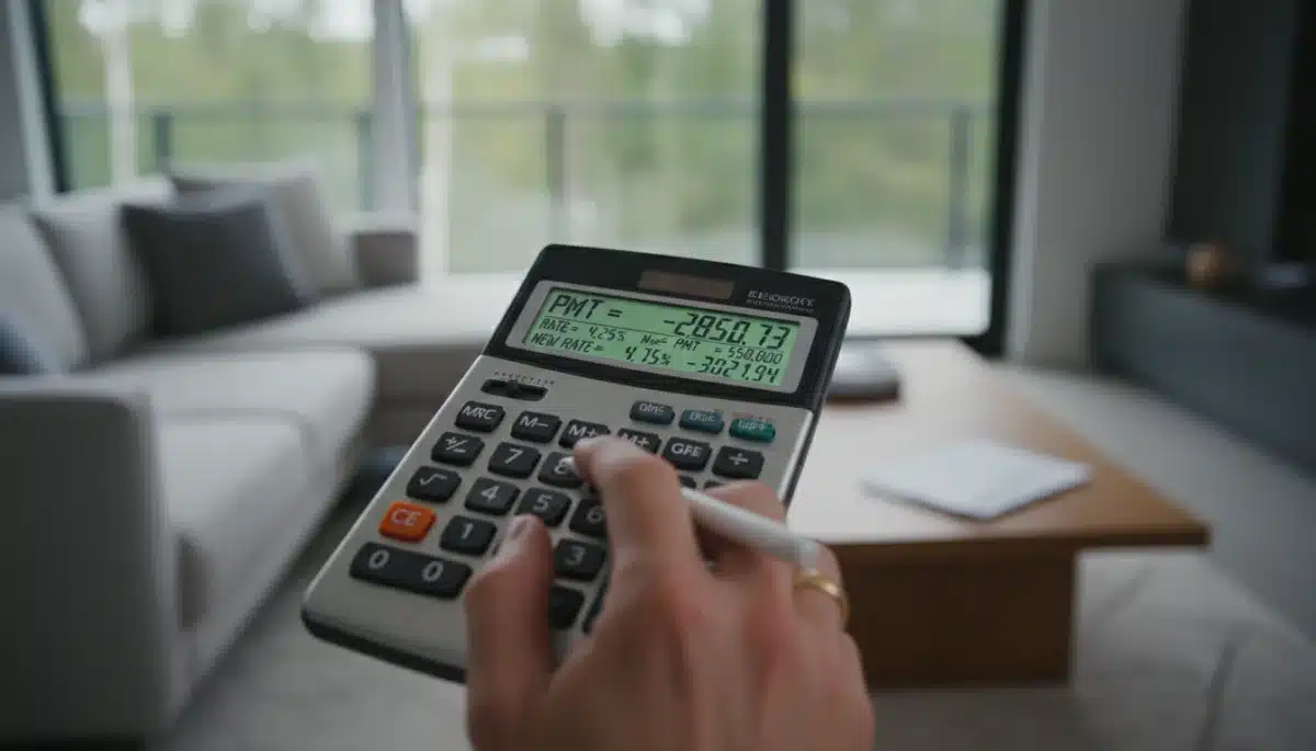 Hand calculating mortgage payments with a financial calculator, illustrating rate shift impact.
