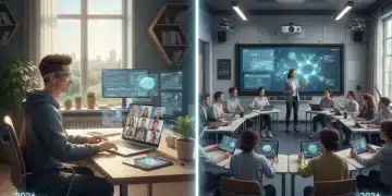 Students engaged in online learning and in-person classroom education, reflecting 2026 trends.