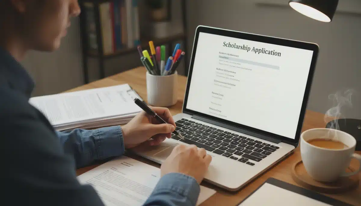 Student diligently completing a scholarship application form on a laptop