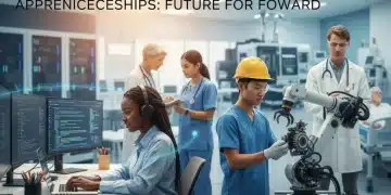 Diverse apprentices learning in tech, healthcare, and manufacturing settings