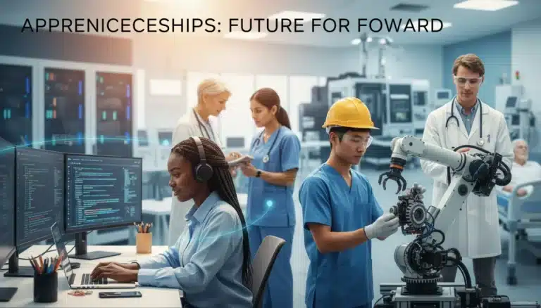 Diverse apprentices learning in tech, healthcare, and manufacturing settings