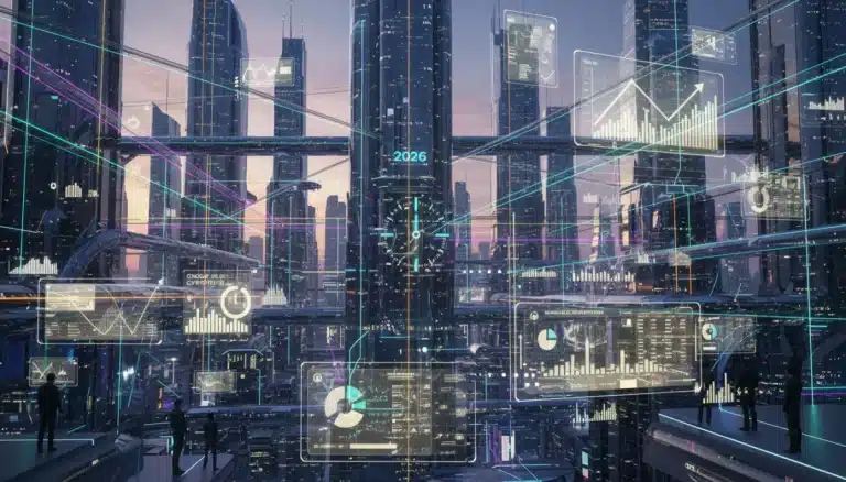 Futuristic city with financial data overlays, symbolizing 2026 consumer spending trends and economic strategies.
