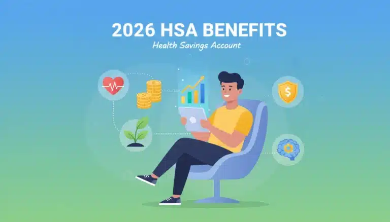 Illustration of person managing 2026 HSA benefits on tablet with financial and health symbols