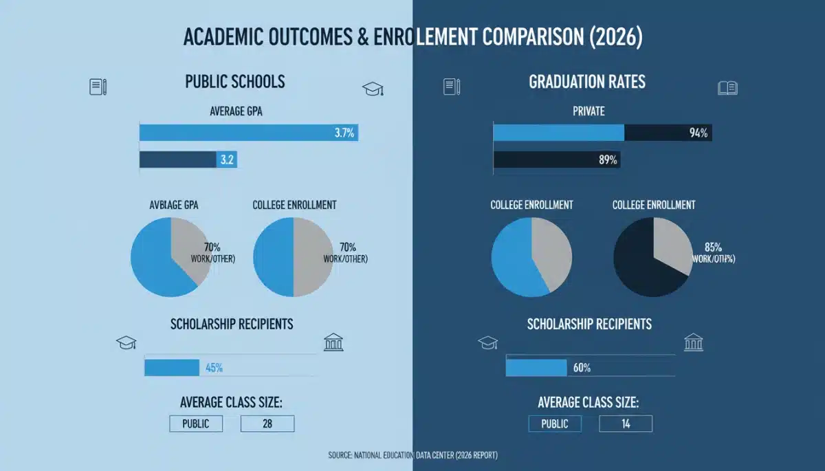 Infographic comparing academic outcomes between public and private US schools 2026