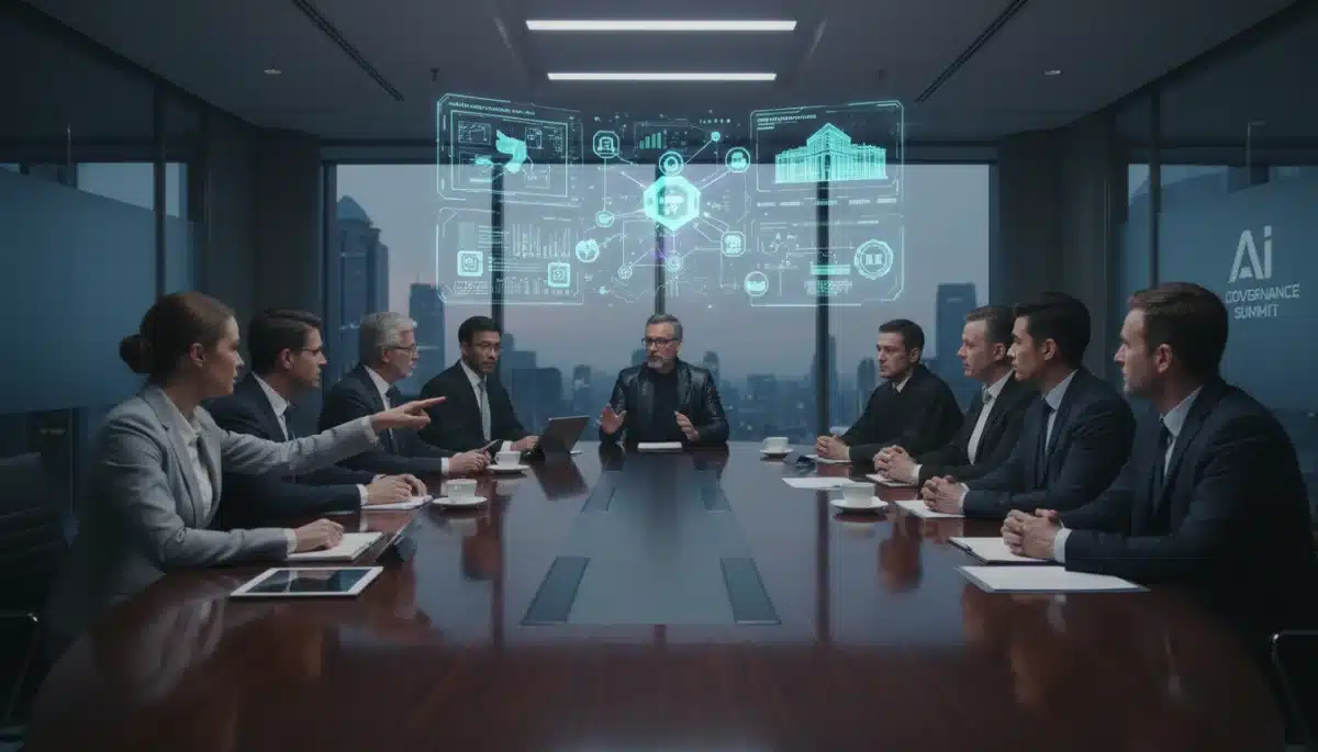 Diverse group of experts discussing AI policy at a conference table