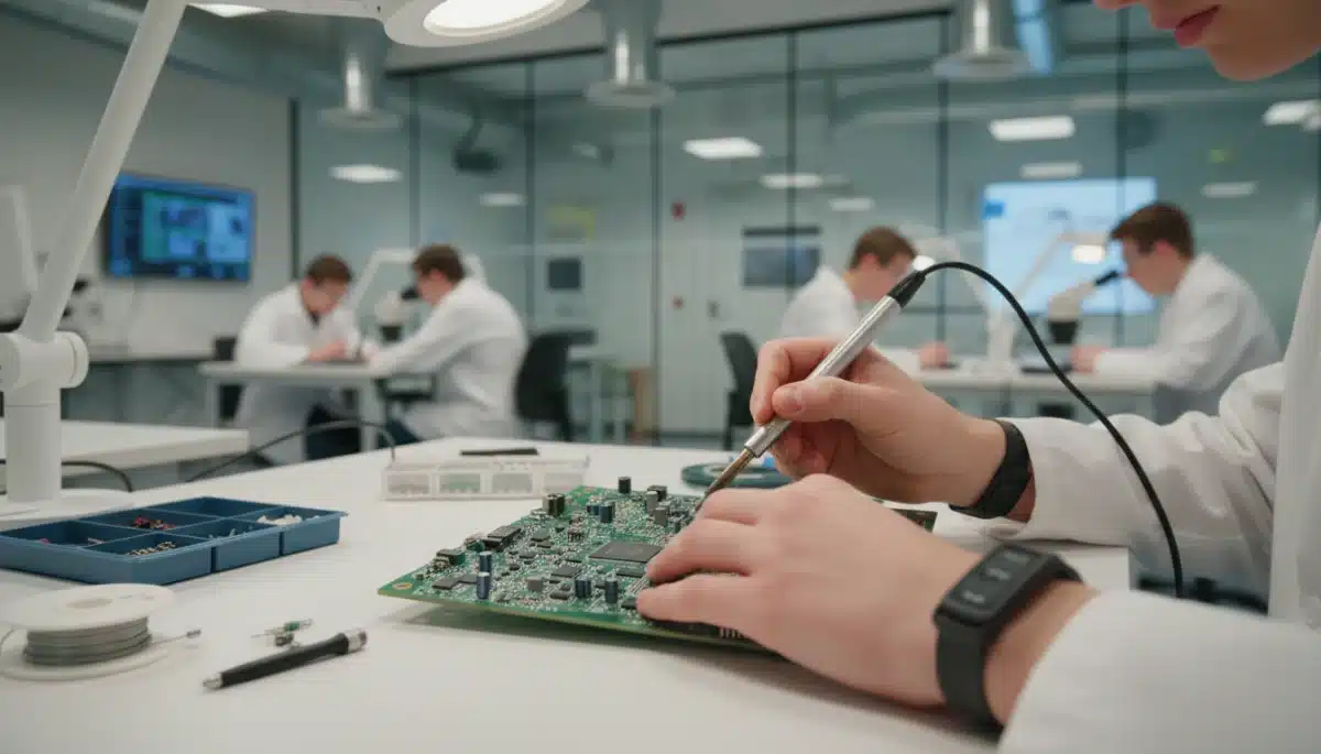 Apprentice hands working on advanced circuit board in modern lab