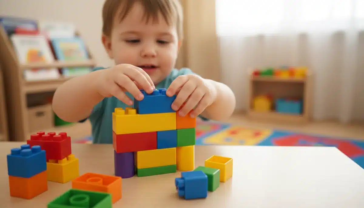 Child's hands building with colorful blocks, developing fine motor skills
