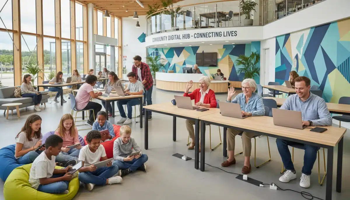 Diverse community members using digital devices in a connected center