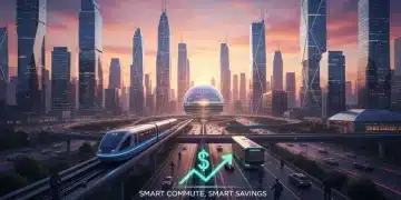 Commuter Benefits 2026: Save $315 Monthly on Transit Costs Modern city skyline at dawn with diverse commuter transportation options, symbolizing savings.