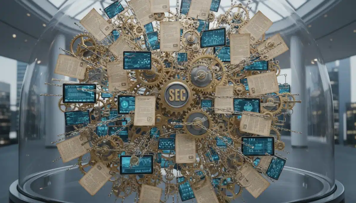 Complex regulatory framework with gears and documents, illustrating SEC rules for digital assets.
