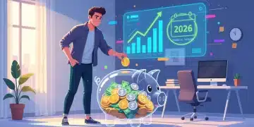Person confidently saving money into a piggy bank with financial growth charts