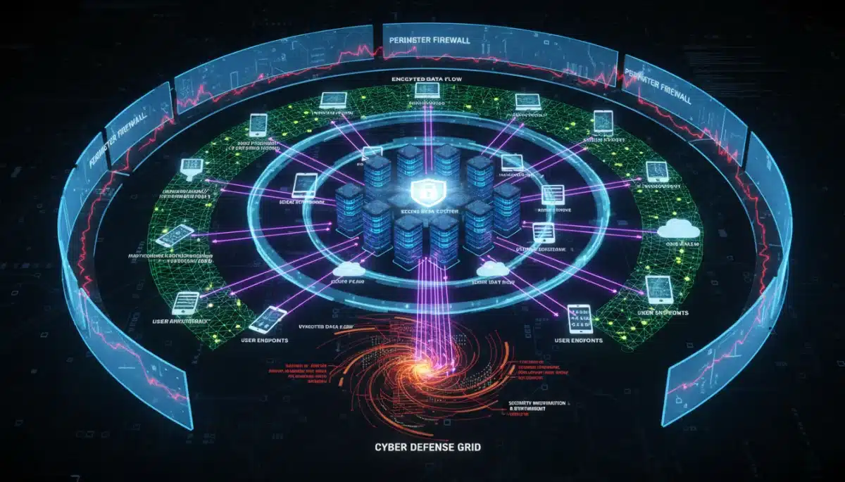 Comprehensive cybersecurity layers and encrypted data packets in a network diagram