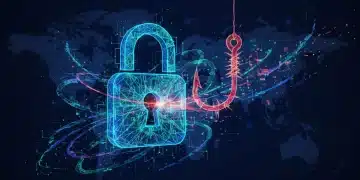 Digital lock with phishing hook representing cybersecurity threats