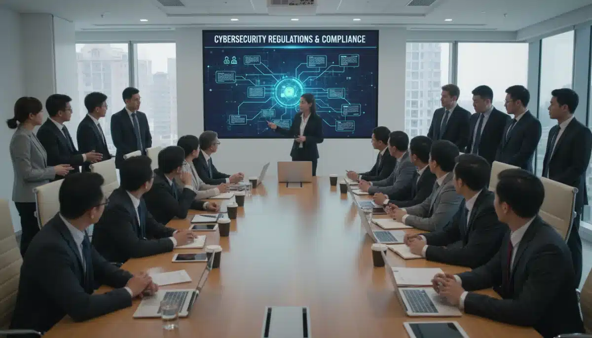 Business professionals discussing new cybersecurity regulations