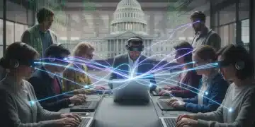 Diverse individuals using assistive technology for digital access, with a backdrop of the US Capitol.