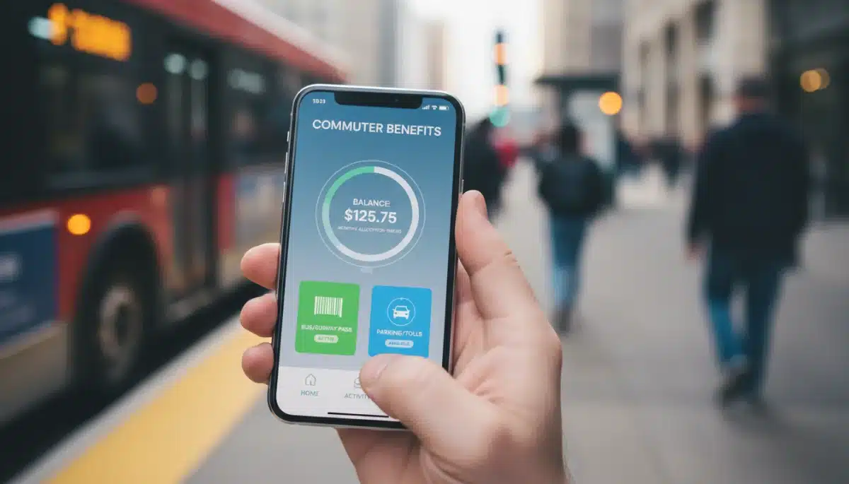 Person using a commuter benefits app on a smartphone at a transit stop.