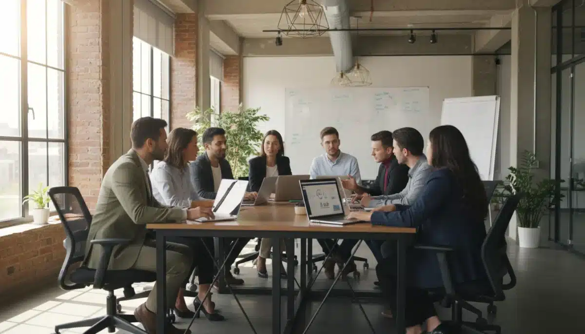 Digital entrepreneurs collaborating on innovative projects in a modern co-working space