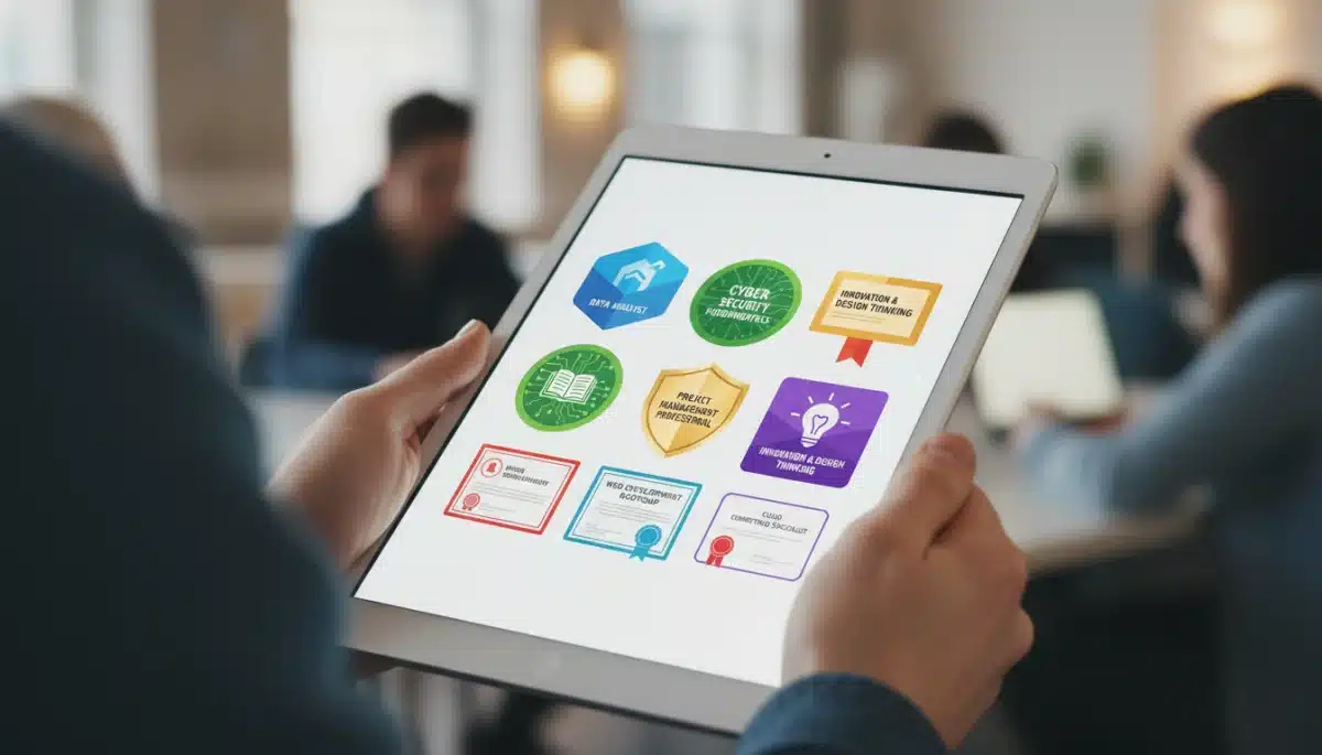 Digital badges representing micro-credential achievements on a tablet