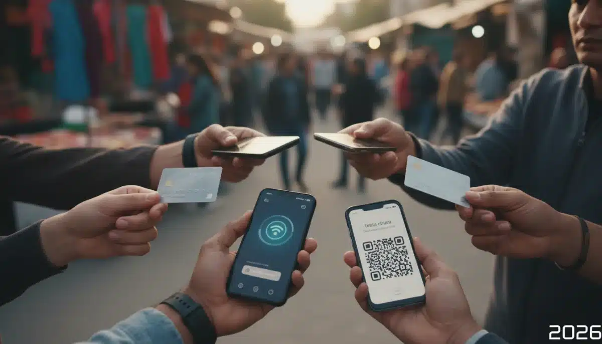 Diverse hands using various digital payment methods in a busy marketplace, reflecting modern consumer transactions.