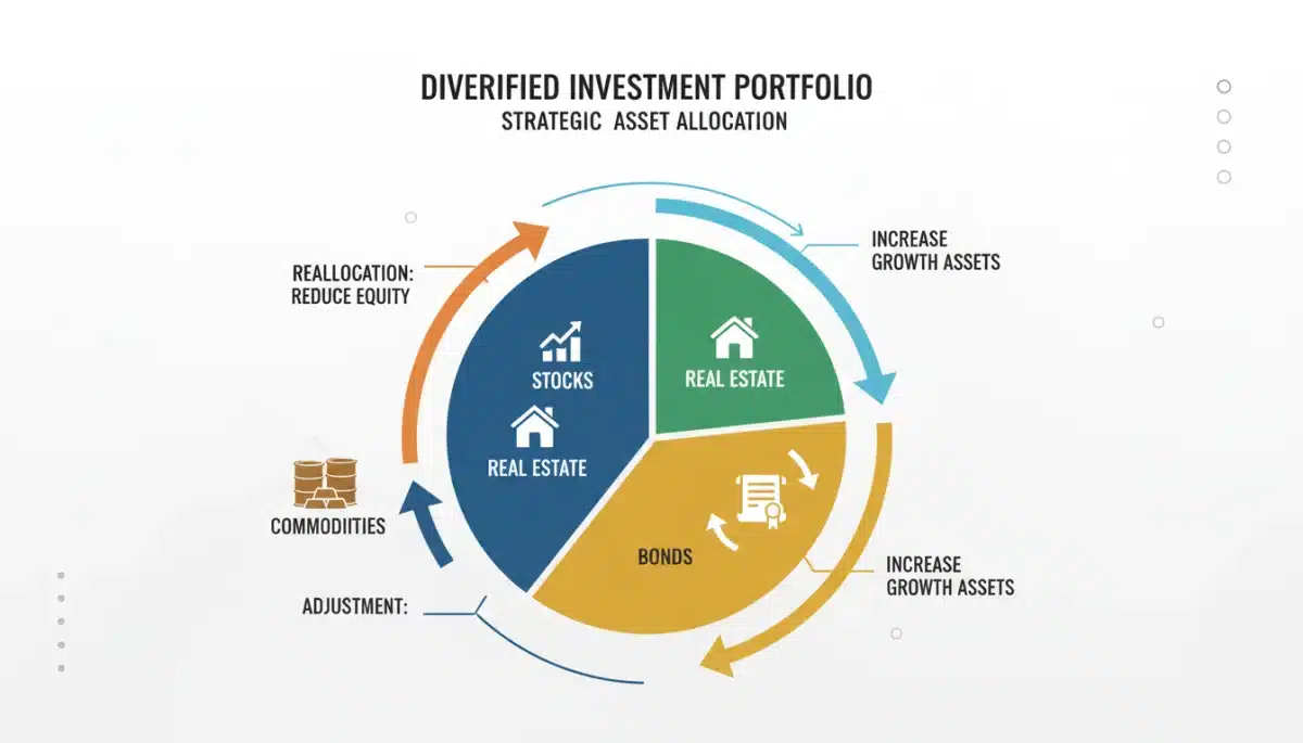 Diversified investment portfolio pie chart showing asset reallocation