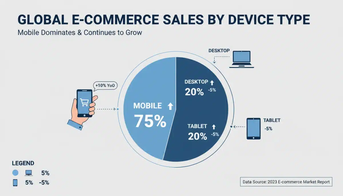 Infographic detailing e-commerce sales distribution by device, emphasizing mobile's growth.
