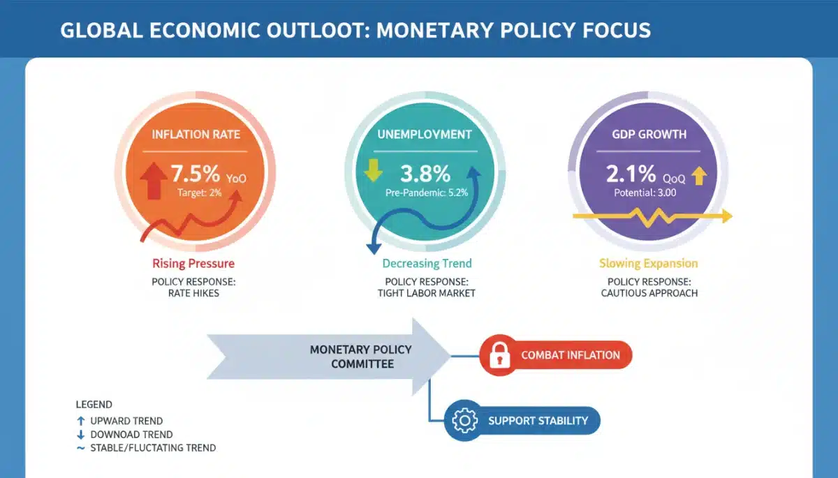 Infographic displaying key economic indicators: inflation, unemployment, and GDP growth trends impacting Fed decisions.
