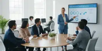 Employees discussing 2026 healthcare benefits in a modern office
