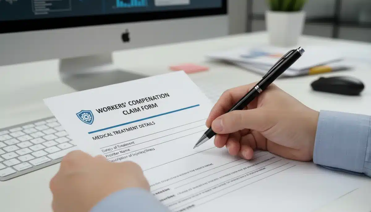 Filling out a workers' compensation claim form for 2026 benefits