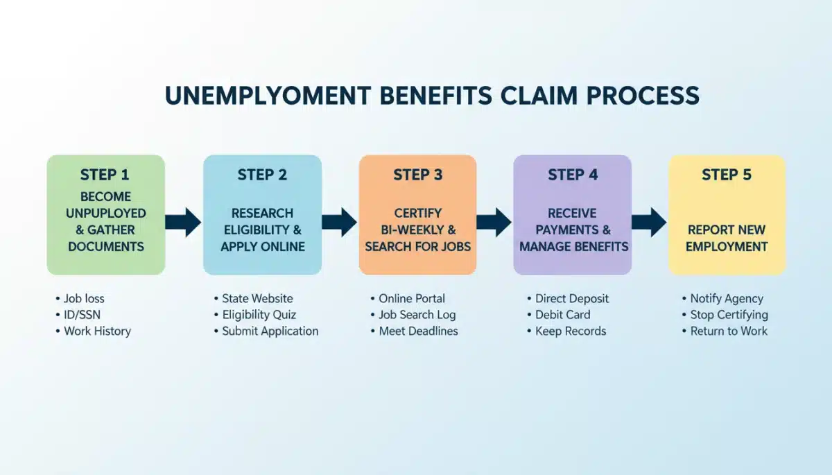 Five-step unemployment claim process infographic