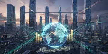 Futuristic cityscape with digital data streams representing U.S. digital economy growth