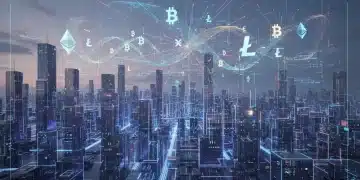 Futuristic cityscape with digital crypto symbols, representing SEC regulations and cryptocurrency investment landscape.