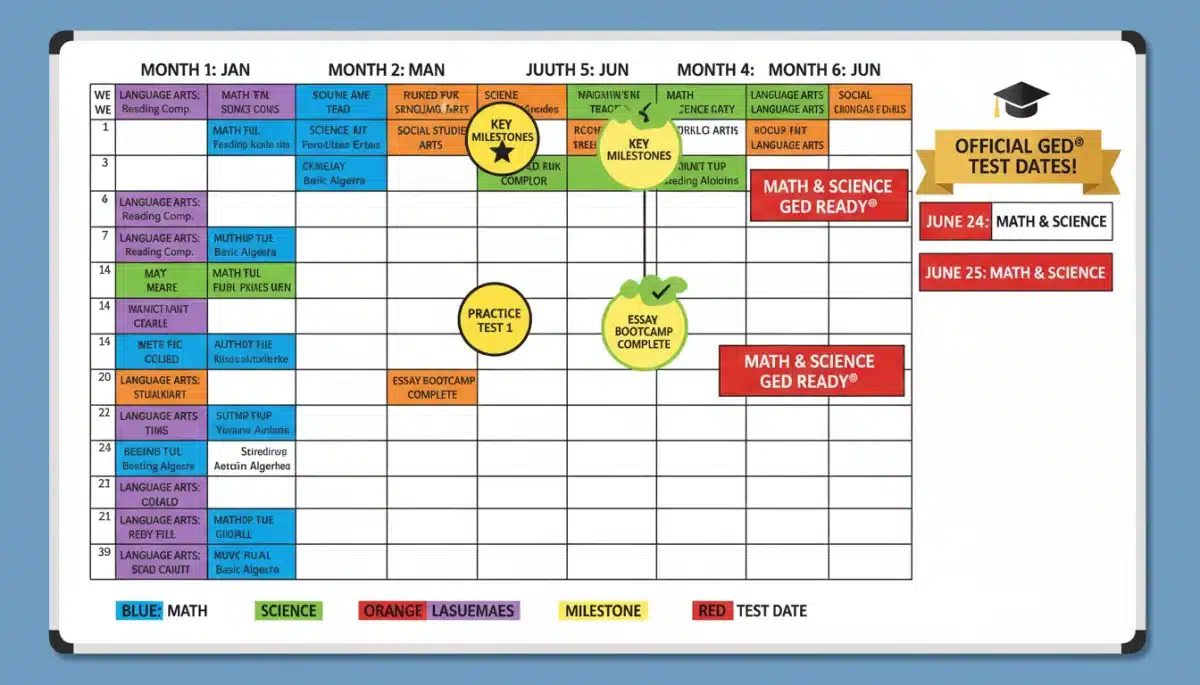 Organized 6-month GED study schedule with subjects and test dates