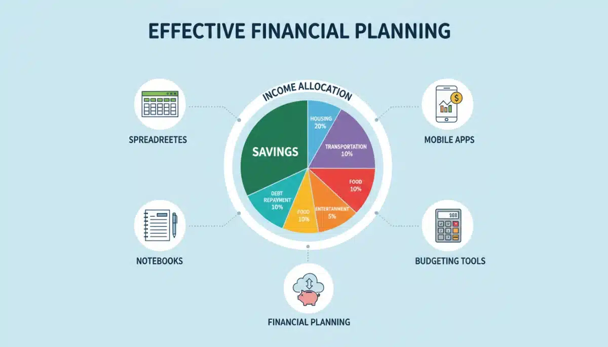 Infographic showing income allocation with a large savings slice and budgeting tools
