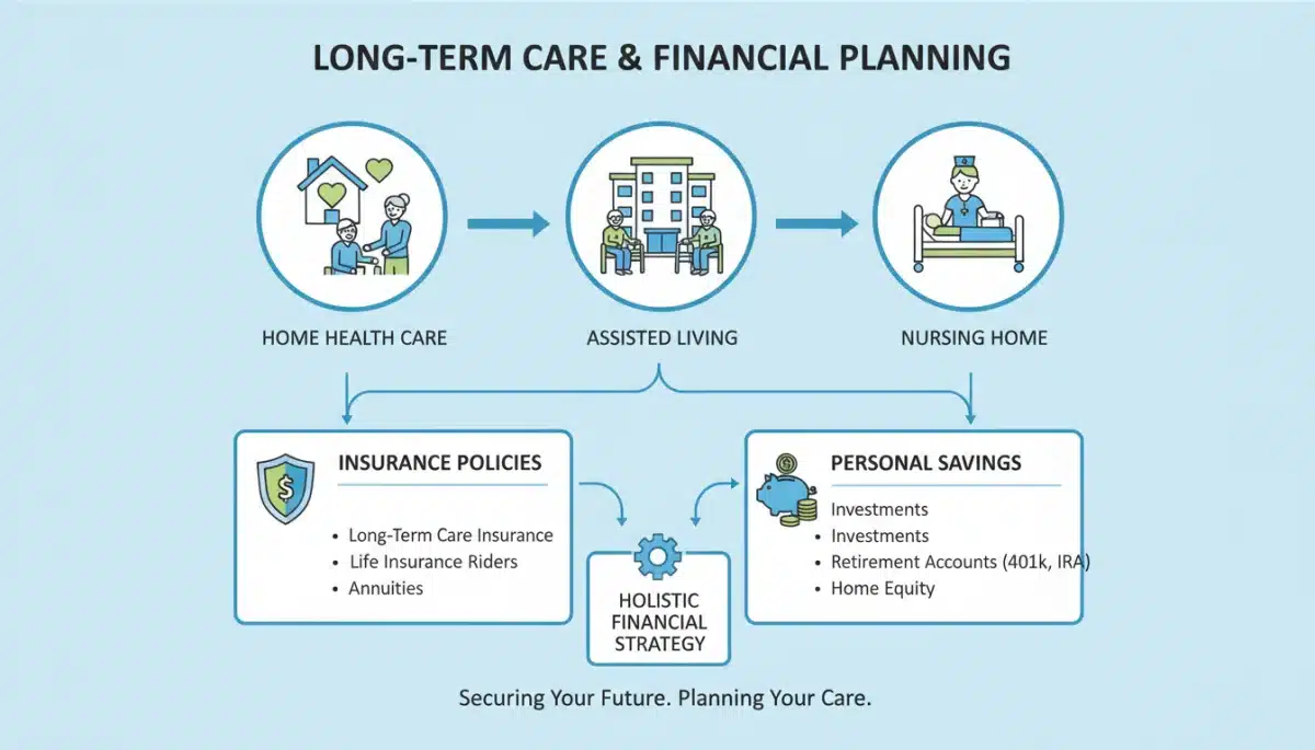 Infographic detailing various long-term care services and their connection to financial planning strategies.