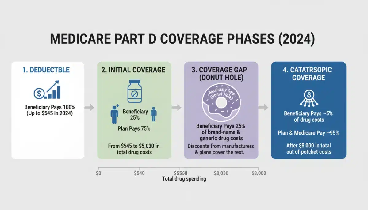 Infographic showing Medicare Part D coverage phases and cost-sharing