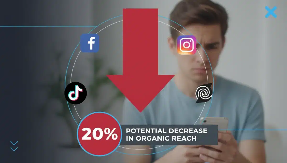 Infographic depicting a 20% reduction in social media organic reach due to upcoming algorithm changes.