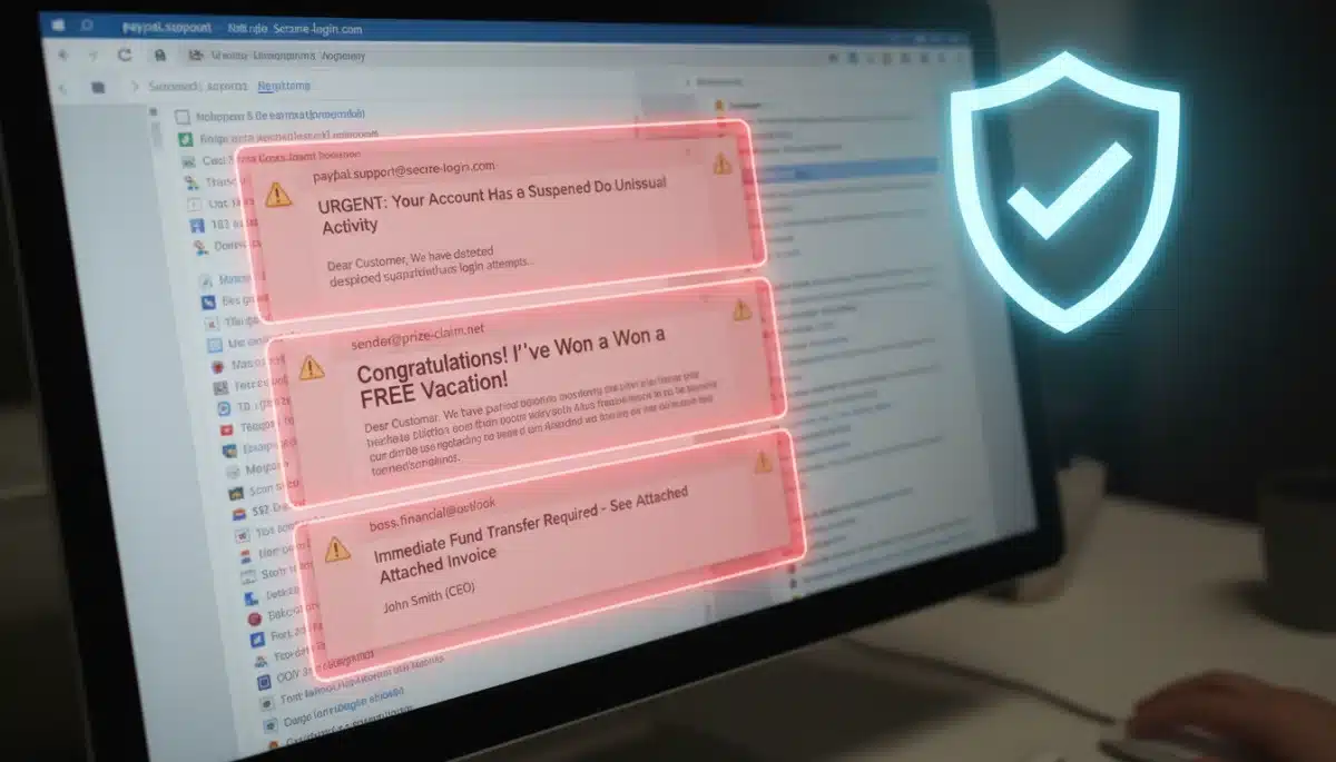 Suspicious emails in an inbox indicating a phishing attempt
