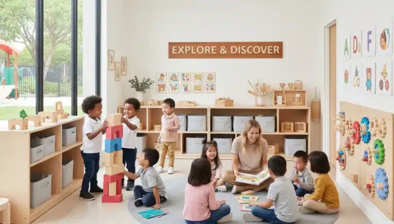 Diverse preschoolers in modern, play-based early learning setting