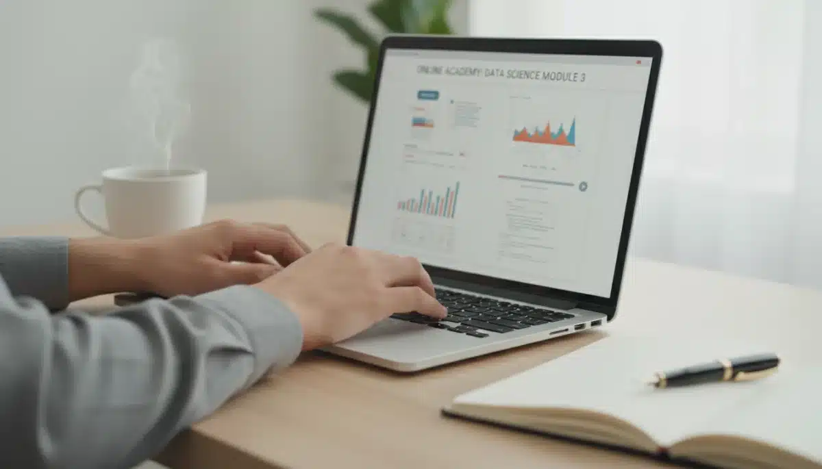 Professional hands typing on a laptop during an online course