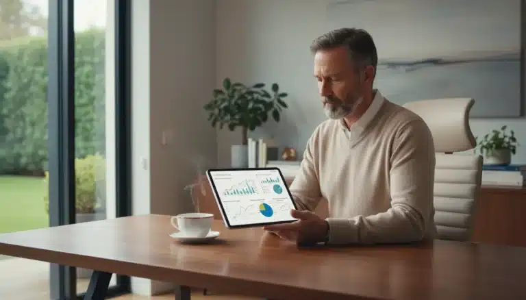 Thoughtful individual planning retirement finances on a tablet in a home office