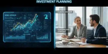 Robo-advisor interface contrasted with human financial planner consultation in 2026