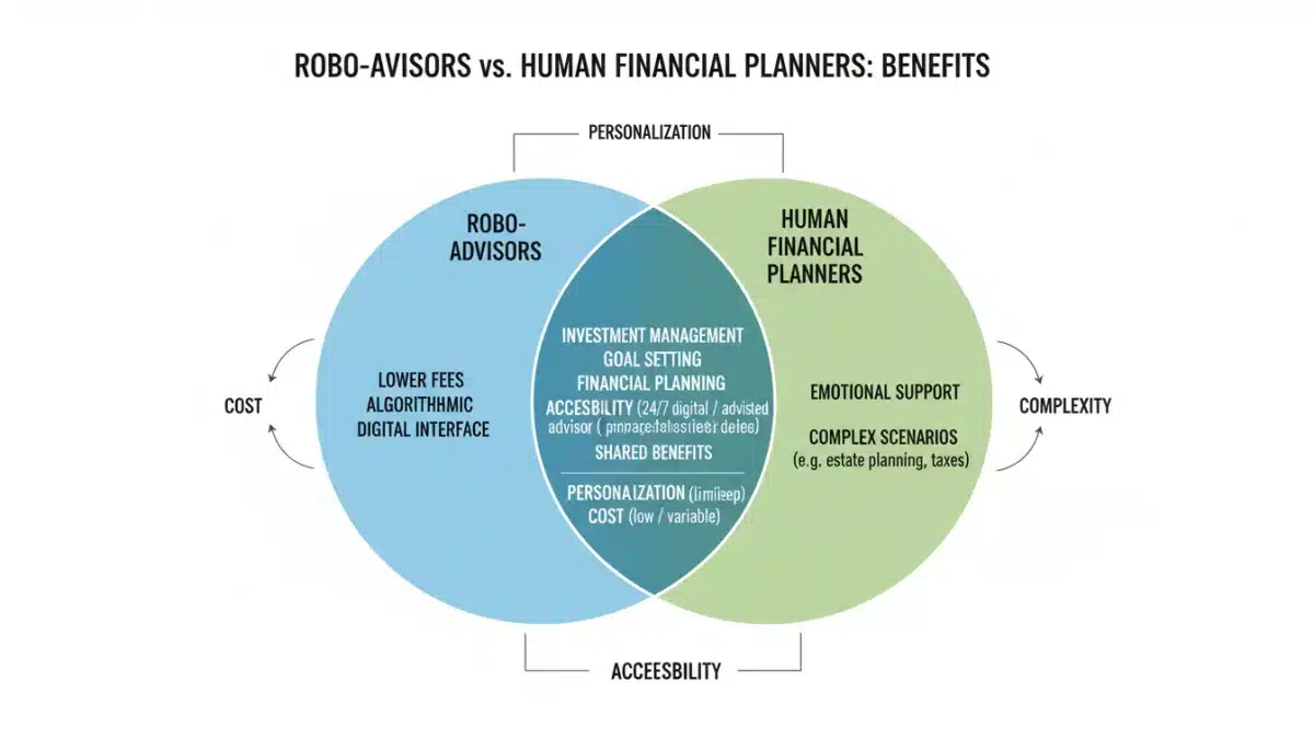 Venn diagram comparing benefits of robo-advisors and human financial planners