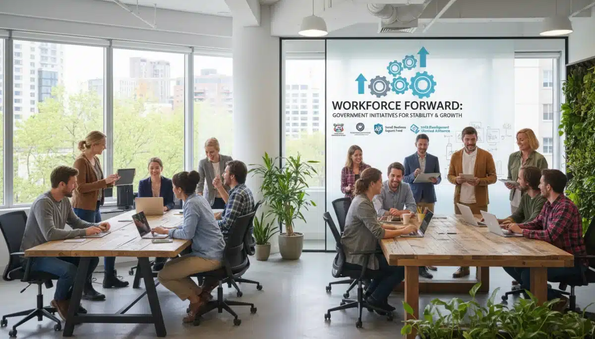 Diverse small business team collaborating, boosted by support programs