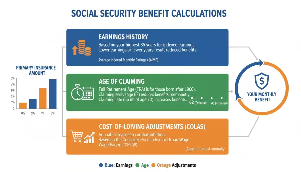 Infographic showing factors affecting Social Security benefit calculations