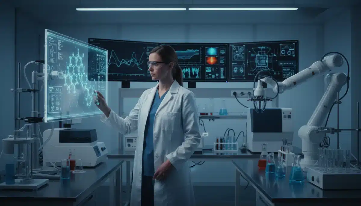 Professional analyzing data in a high-tech laboratory environment.