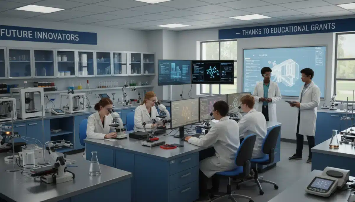 High school students collaborating on a STEM project in a lab, showcasing advanced resources.