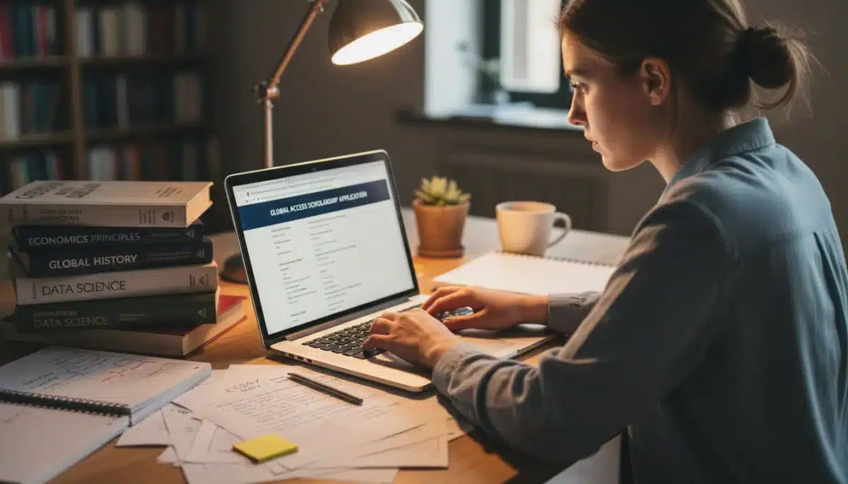 Student diligently completing scholarship application online