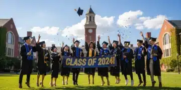 Students celebrating college scholarship success with high GPAs
