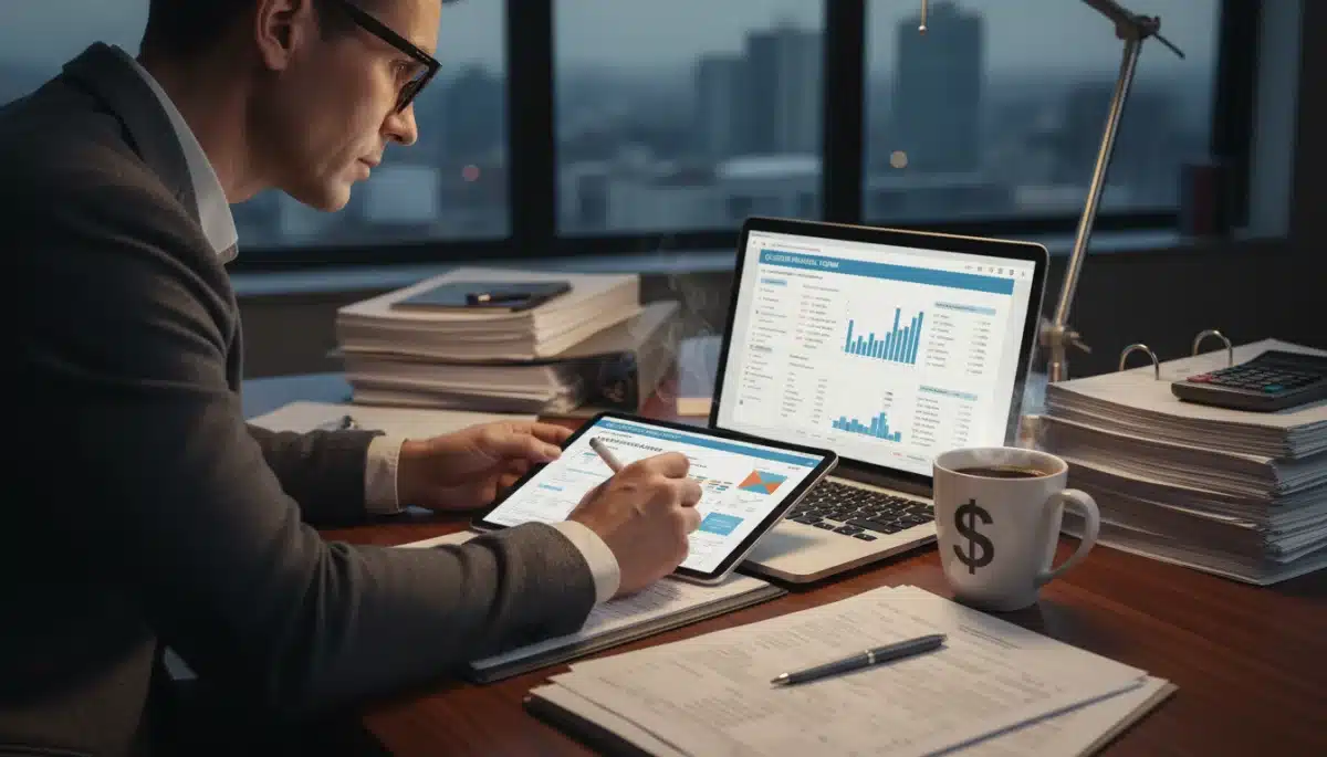 Individual reviewing tax documents and financial statements for 2026 deadlines